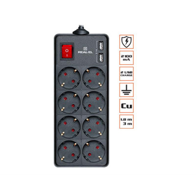 Фільтр живлення REAL-EL RS-8 PROTECT USB 1.8m чорний