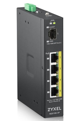 Промисловий комутатор Zyxel RGS100-5P, 4xGE PoE +, 1xSFP, кріплення на стіну/DIN-рейку, IP30, два джерела живлення DC, бюджет PoE 120 Вт, PoE +