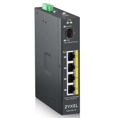Промисловий комутатор Zyxel RGS100-5P, 4xGE PoE +, 1xSFP, кріплення на стіну/DIN-рейку, IP30, два джерела живлення DC, бюджет PoE 120 Вт, PoE +
