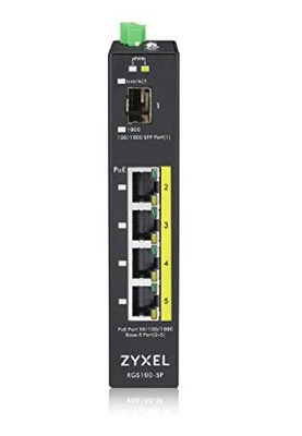 Промисловий комутатор Zyxel RGS100-5P, 4xGE PoE +, 1xSFP, кріплення на стіну/DIN-рейку, IP30, два джерела живлення DC, бюджет PoE 120 Вт, PoE +