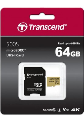 Карта пам`ятi MicroSDXC 64GB UHS-I/U3 Class 10 Transcend 500S + SD-adapter (TS64GUSD500S)