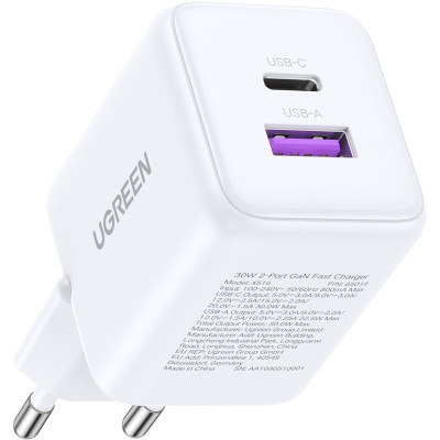 Зарядний пристрій Ugreen X516 2xUSB 30W (USB-A + USB-C) White (65015)
