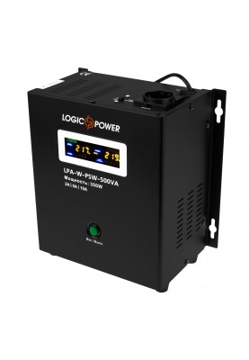 Джерело безперебійного живлення LogicPower LPA-W-PSW-500VA (350Вт)2A/5A/10A, Lin.int., AVR, 1 x евро, LCD, металл, з правильною синусоїдою 12V, настінний