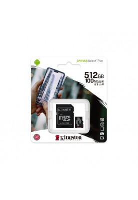 Карта пам`яті MicroSDXC 512GB UHS-I/U3 Class 10 Kingston Canvas Select Plus R100/W85MB/s + SD-адаптер (SDCS2/512GB)