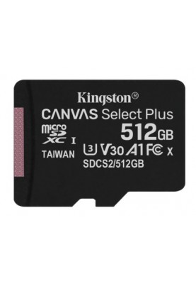 Карта пам`яті MicroSDXC 512GB UHS-I/U3 Class 10 Kingston Canvas Select Plus R100/W85MB/s (SDCS2/512GBSP)