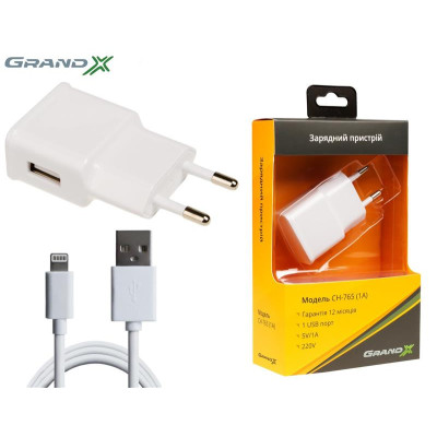 Мережевий зарядний пристрій Grand-X (1xUSB 1A) White (CH765LTW) + кабель Lightning