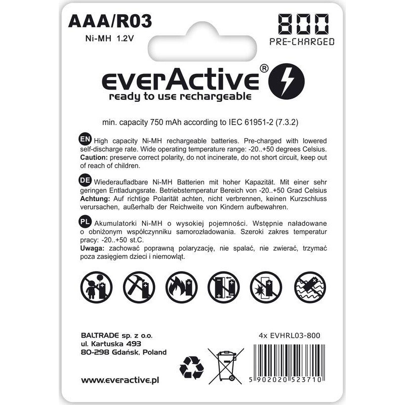 Акумулятор everActive AAA/HR03 Ni-MH 800mAh BL 4шт