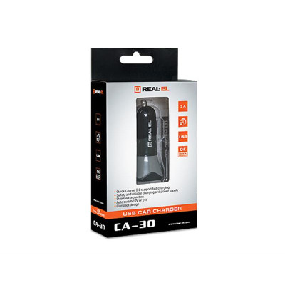 Автомобільний зарядний пристрій REAL-EL CA-30 QC3.0 (1USBx3A) Black/Grey Автомобільний зарядний пристрій REAL-EL CA-30 QC3.0 (1USBx3A) Black/Grey