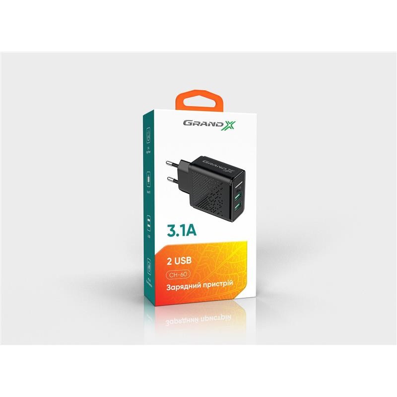 Мережевий зарядний пристрій Grand-X (2xUSB 3.1А) Black (CH-60)