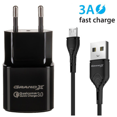 Мережевий зарядний пристрій Grand-X CH-550BM (1xUSB 3.6В-12В/1.5А-3А) Black + кабель MicroUSB