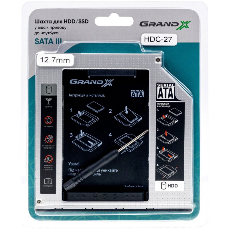 Адаптер Grand-X для підключення HDD 2.5" відсік приводу ноутбука SATA3 (HDC-27)