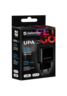 Мережевий зарядний пристрій Defender UPA-21 (1xUSB 2.1A)  Black (83577)