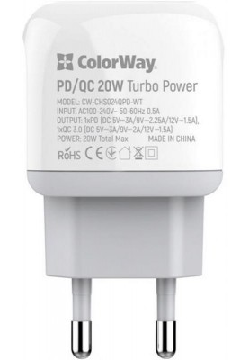 Мережевий зарядний пристрій ColorWay (Type-C PD + USB QC3.0) White (CW-CHS024QPD-WT)