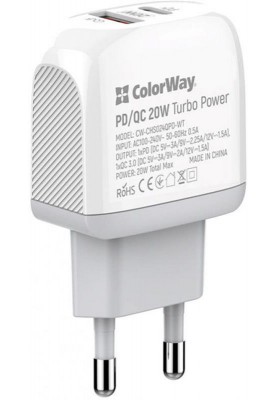 Мережевий зарядний пристрій ColorWay (Type-C PD + USB QC3.0) White (CW-CHS024QPD-WT)