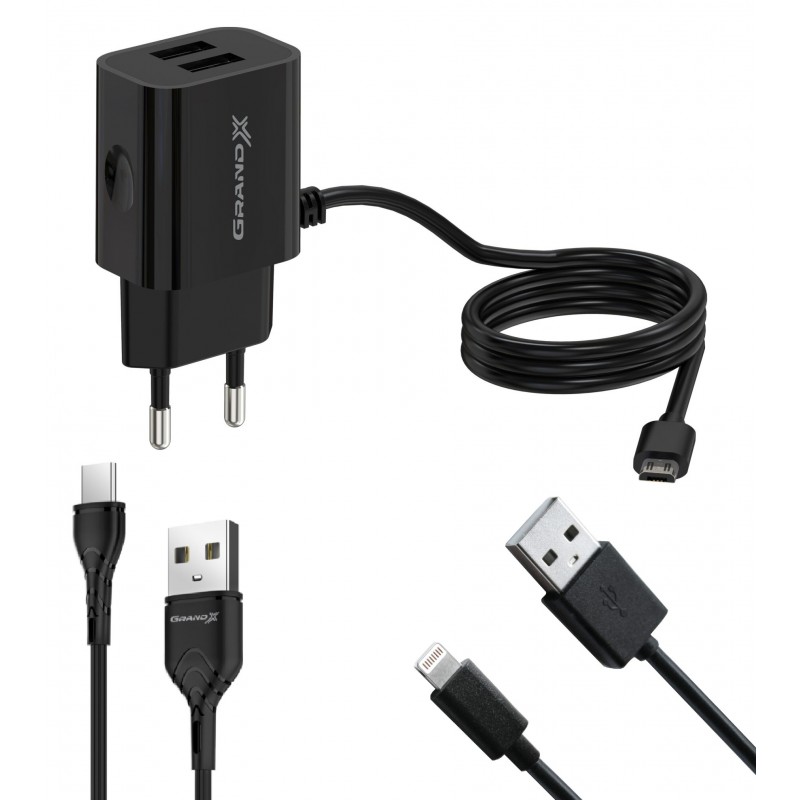 Сетевое зарядное устройство Grand-X (2xUSB 3.1А) Black (CH65LT) + кабель USB-C/microUSB/Lightning
