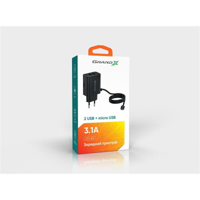 Мережевий зарядний пристрійGrand-X (2xUSB 3.1А) Black (CH65LT)