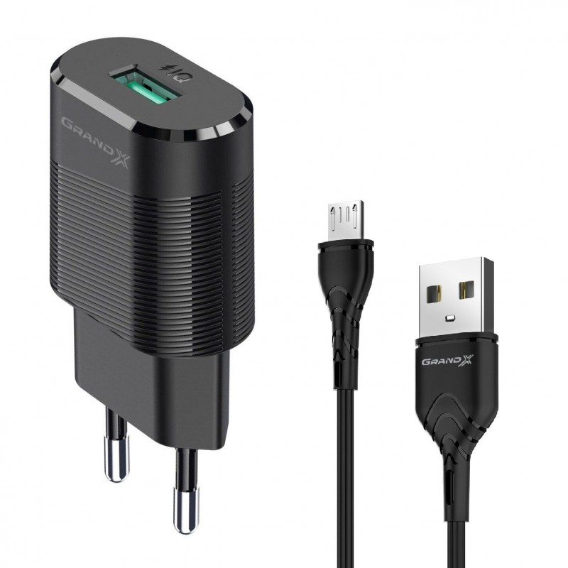 Мережевий зарядний пристрій Grand-X (1xUSB 2.1А) Black (CH-17U) + кабель micro-USB