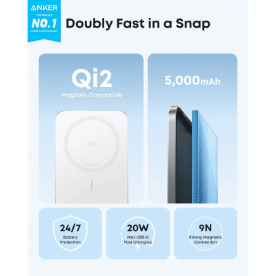 Універсальна мобільна батарея Anker Nano MagGo Slim 5000mAh 20W White (A1665H21) Універсальна мобільна батарея Anker Nano MagGo Slim 5000mAh 20W White (A1665H21)