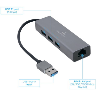 USB-хаб Cablexpert 4 ports USB 3.0 Grey (A-AMU3-LAN-01)