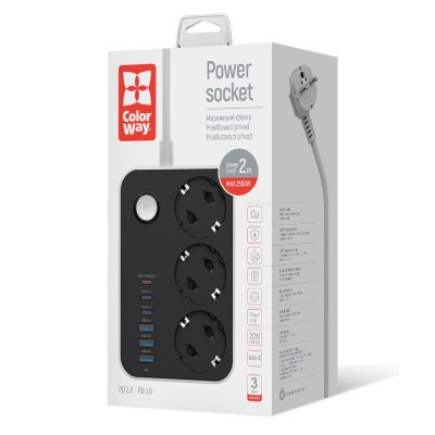 Фільтр живлення ColorWay CW-CHE36PDB 20W (3 USB-A + 3 TYPE-C) 3 розетки, 6 USB, 2 м, чорний