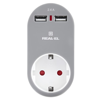 Мережевий зарядний USB-пристрій з розеткою REAL-EL CS-20, білий-сірий