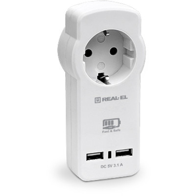 Мережевий зарядний пристрій з розеткою REAL-EL CS-30 (2USB, 3.1A) White Мережевий зарядний пристрій з розеткою REAL-EL CS-30 (2USB, 3.1A) White