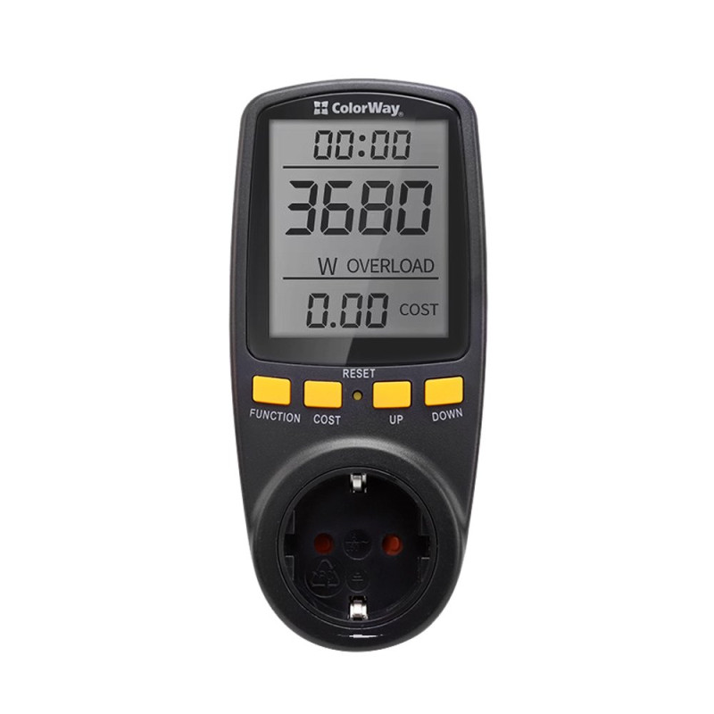 Енергометр цифровий (W/V/A/C/Hz/KWh) СolorWay для розетки (16A/3680W) (CW-VM16-02D)