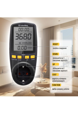 Енергометр цифровий (W/V/A/C/Hz/KWh) СolorWay для розетки (16A/3680W) (CW-VM16-02D)