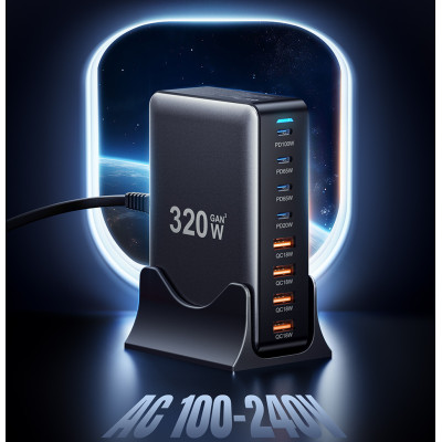 Мережевий зарядний пристрій Essager Engine 320W 4xUSB-C+4xUSB-A Black (EZC320W-QJB0G-Z) Мережевий зарядний пристрій Essager Engine 320W 4xUSB-C+4xUSB-A Black (EZC320W-QJB0G-Z)