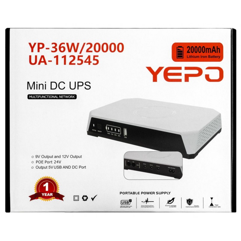 Джерело безперебійного живлення Yepo Mini DC-UPS YP-36W/20000mAh LiFePO4 DC-5V/9V/12V (UA-112545)