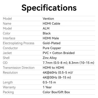 Кабель Vention HDMI - HDMI V 2.0 (M/M), 2 м, Black (ALMBH)