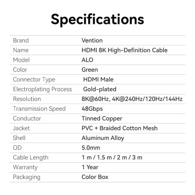 Кабель Vention HDMI - HDMI V 2.1 (M/M), 2 м, Green (ALOGH)