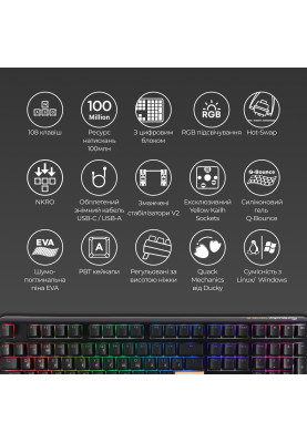 Клавіатура Ducky One 3 Cherry MX Red RGB UA USB Black (DKON2108ST-RUAPXCLAWSC1)
