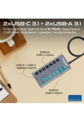 Концентратор USB Type-C Promate Gegahub-10G 7 in 1 Grey (gegahub-10g)