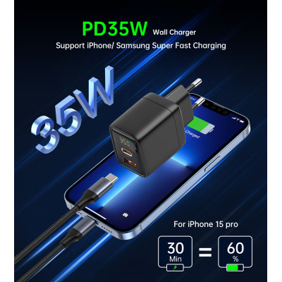 Мережевий зарядний пристрій Choetech (USB-C+USB-A) Black (PD6052-EU-BK)