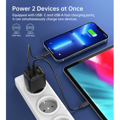 Мережевий зарядний пристрій Choetech (USB-C+USB-A) Black (PD6052-EU-BK)
