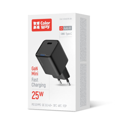 Мережевий зарядний пристрій ColorWay GaN Mini 25W PD Port PPS USB-C Black (CW-CHS052PD-BK)
