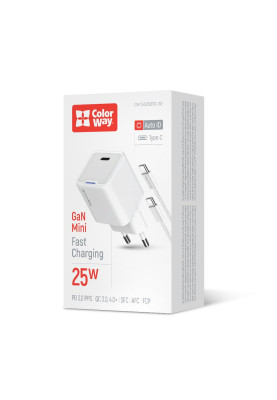 Мережевий зарядний пристрій ColorWay GaN Mini 25W PD Port PPS USB-C White (CW-CHS052PDC-WT) + кабель USB Type-C