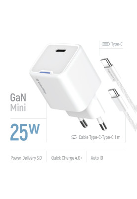 Мережевий зарядний пристрій ColorWay GaN Mini 25W PD Port PPS USB-C White (CW-CHS052PDC-WT) + кабель USB Type-C