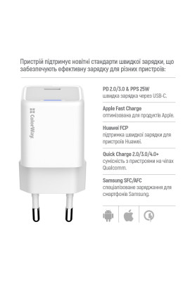 Мережевий зарядний пристрій ColorWay GaN Mini 25W PD Port PPS USB-C White (CW-CHS052PDC-WT) + кабель USB Type-C