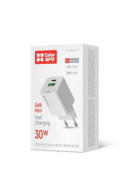 Мережевий зарядний пристрій ColorWay GaN Mini 30W PD Port PPS USB (Type-C PD + USB QC4.0) White (CW-CHS053PD-WT)