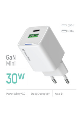 Мережевий зарядний пристрій ColorWay GaN Mini 30W PD Port PPS USB (Type-C PD + USB QC4.0) White (CW-CHS053PD-WT)