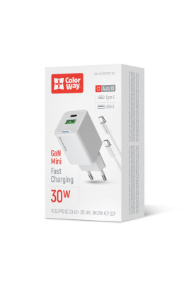 Мережевий зарядний пристрій ColorWay GaN Mini 30W PD Port PPS USB (Type-C PD + USB QC4.0) White (CW-CHS053PDC-WT) + кабель USB Type-C