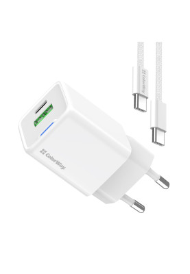 Мережевий зарядний пристрій ColorWay GaN Mini 30W PD Port PPS USB (Type-C PD + USB QC4.0) White (CW-CHS053PDC-WT) + кабель USB Type-C