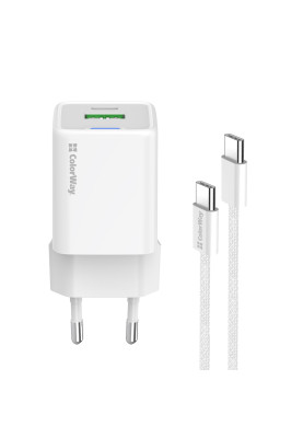 Мережевий зарядний пристрій ColorWay GaN Mini 30W PD Port PPS USB (Type-C PD + USB QC4.0) White (CW-CHS053PDC-WT) + кабель USB Type-C