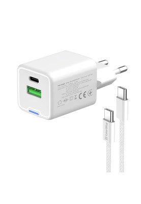 Мережевий зарядний пристрій ColorWay GaN Mini 30W PD Port PPS USB (Type-C PD + USB QC4.0) White (CW-CHS053PDC-WT) + кабель USB Type-C