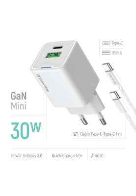 Мережевий зарядний пристрій ColorWay GaN Mini 30W PD Port PPS USB (Type-C PD + USB QC4.0) White (CW-CHS053PDC-WT) + кабель USB Type-C