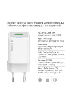 Мережевий зарядний пристрій ColorWay GaN Mini 30W PD Port PPS USB (Type-C PD + USB QC4.0) White (CW-CHS053PDC-WT) + кабель USB Type-C