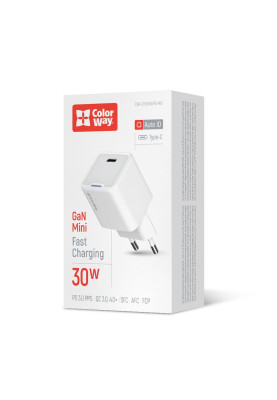 Мережевий зарядний пристрій ColorWay GaN Mini 30W PD Port PPS USB-C White (CW-CHS054PD-WT)