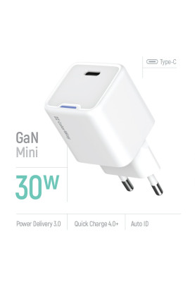 Мережевий зарядний пристрій ColorWay GaN Mini 30W PD Port PPS USB-C White (CW-CHS054PD-WT)